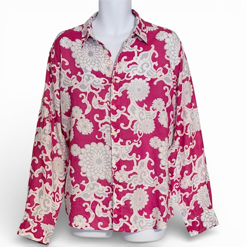 Men's Linen Shirt XL Fuchsia Pink Floral Button Up Lightweight Resort Summer